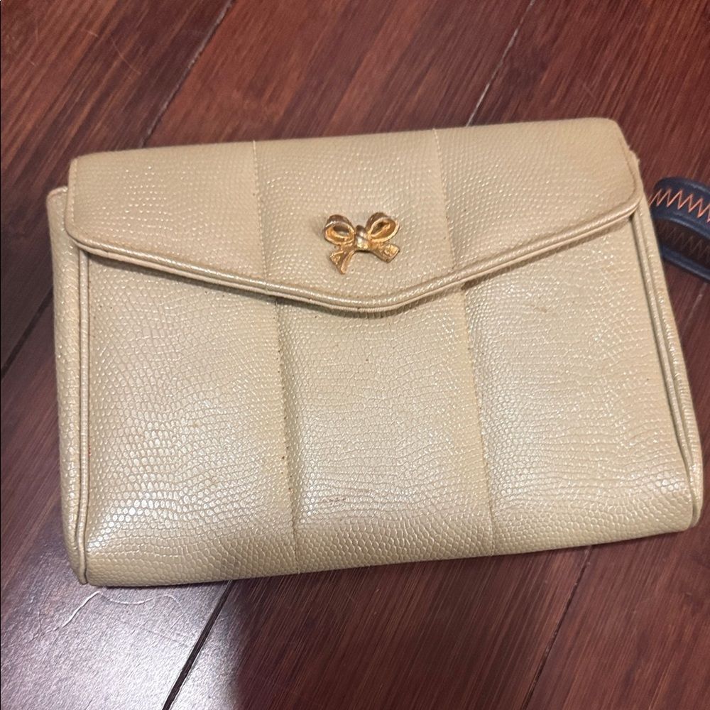 Elegant Cream Clutch with Gold Accent Bow VINTAGE Saks Fifth Avenue Clutch